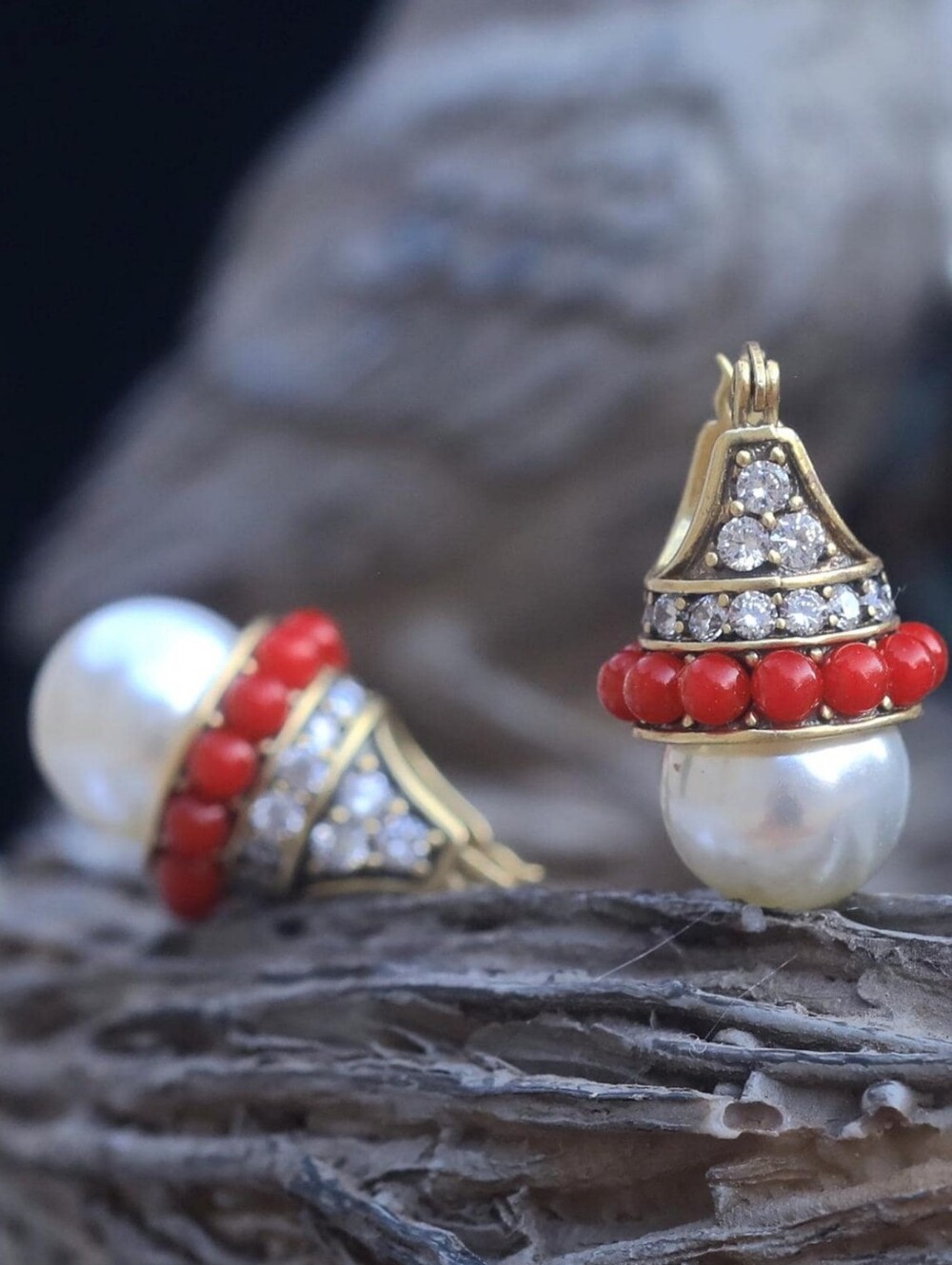 Gold Pearl and Red Bead Drop Earrings with Crystal Accents